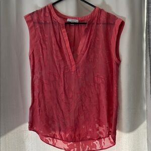 Katherine Barclay Coral-Red Sleeveless Split V-Neck Blouse